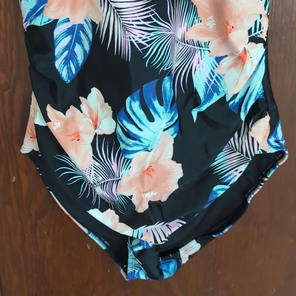 DKNY Floral Black Tie Halter One Piece Swimsuit Size XXL - Picture 3 of 6